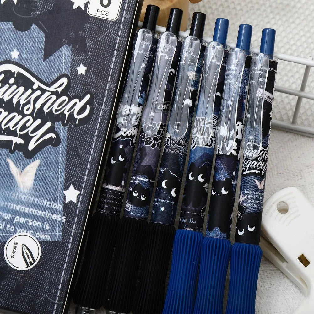 6pcs Black Cat Soft Grip Retractable Gel Pens, suitable for journaling, diary writing, marking, school supplies, and holiday par